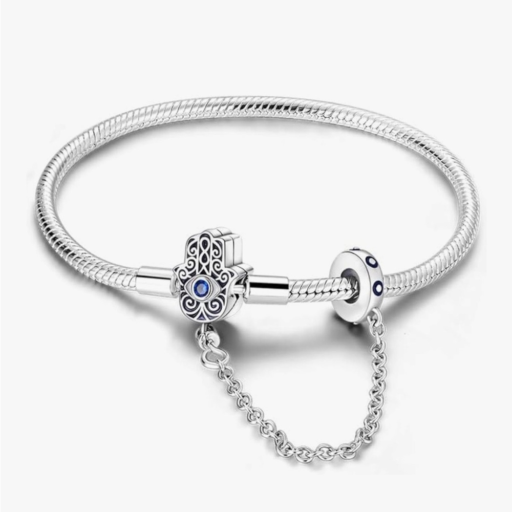 Silver and Blue Snake Chain Bracelet with Safety Chain 17 centimeters